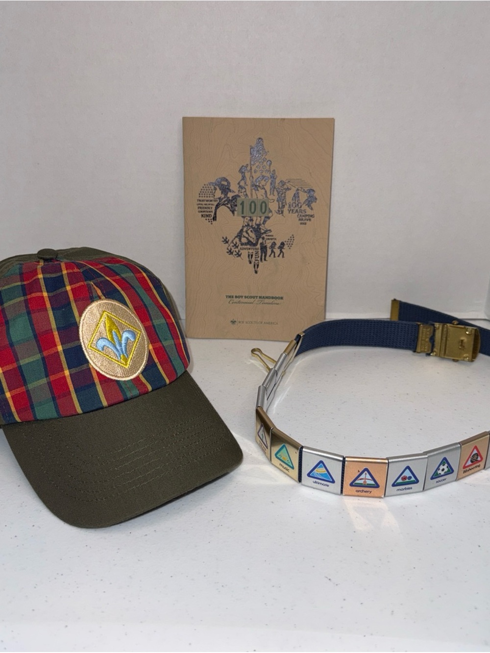 Plaid Scout Cap with Merit Slide Belt - Green, Red, Blue